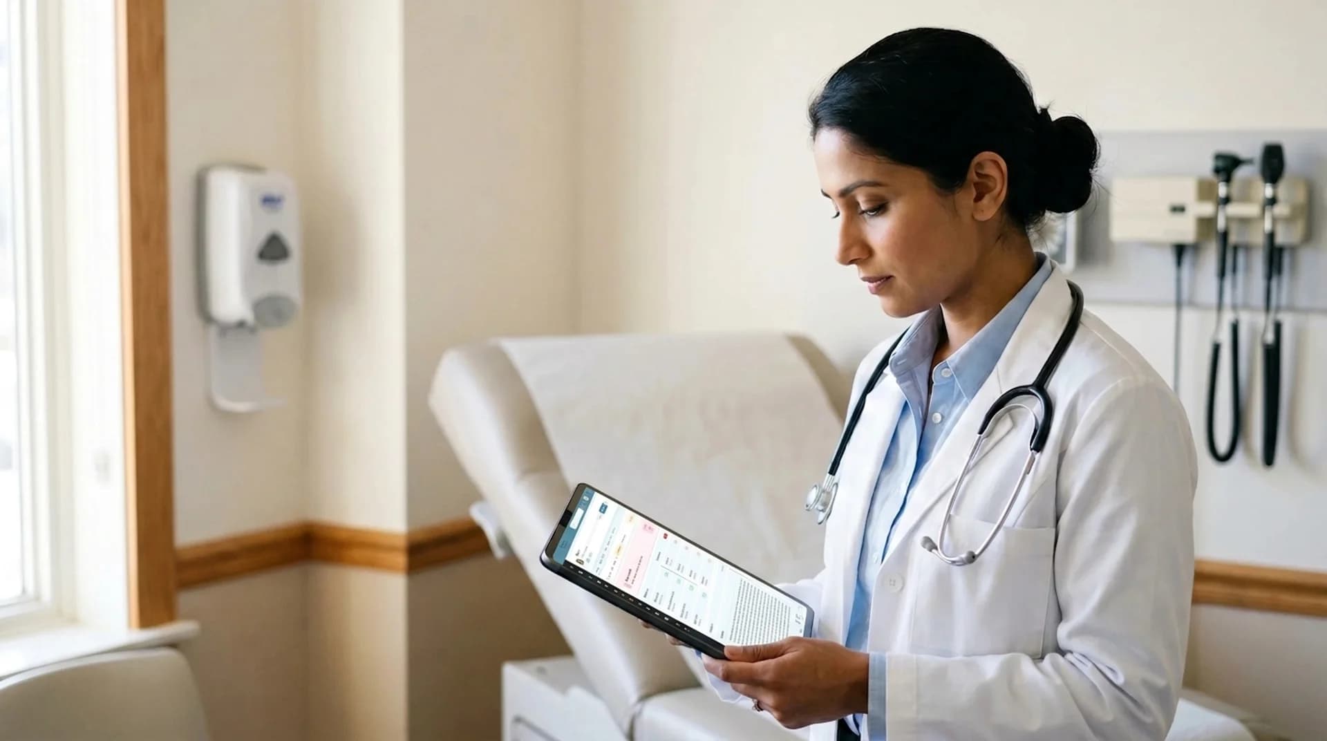 A doctor in an exam room reviewing a tablet displaying the unified patient record — pregnancy alert, medications, appointments and AI clinical summary