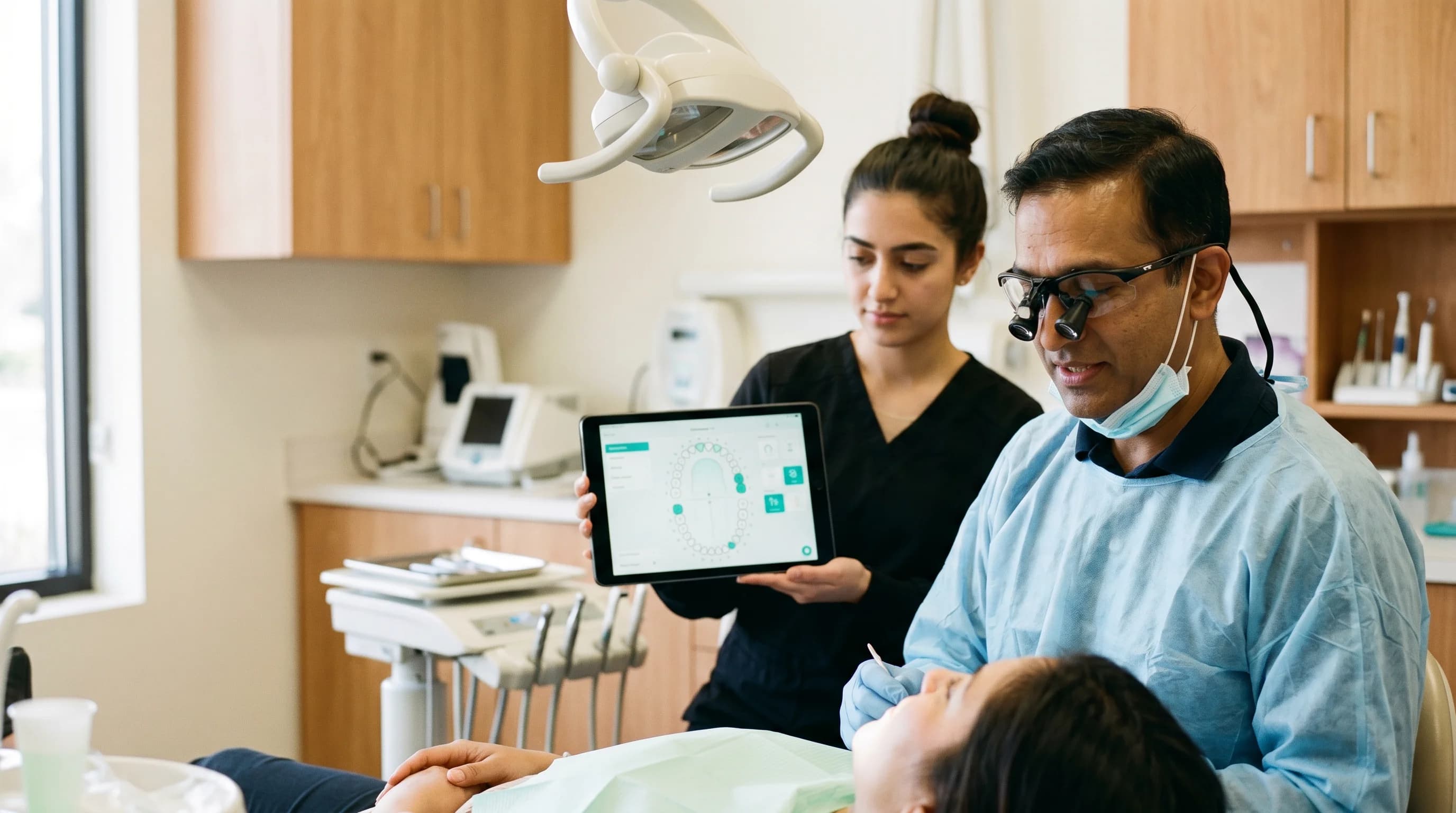 Dentist reviewing a digital odontogram chairside