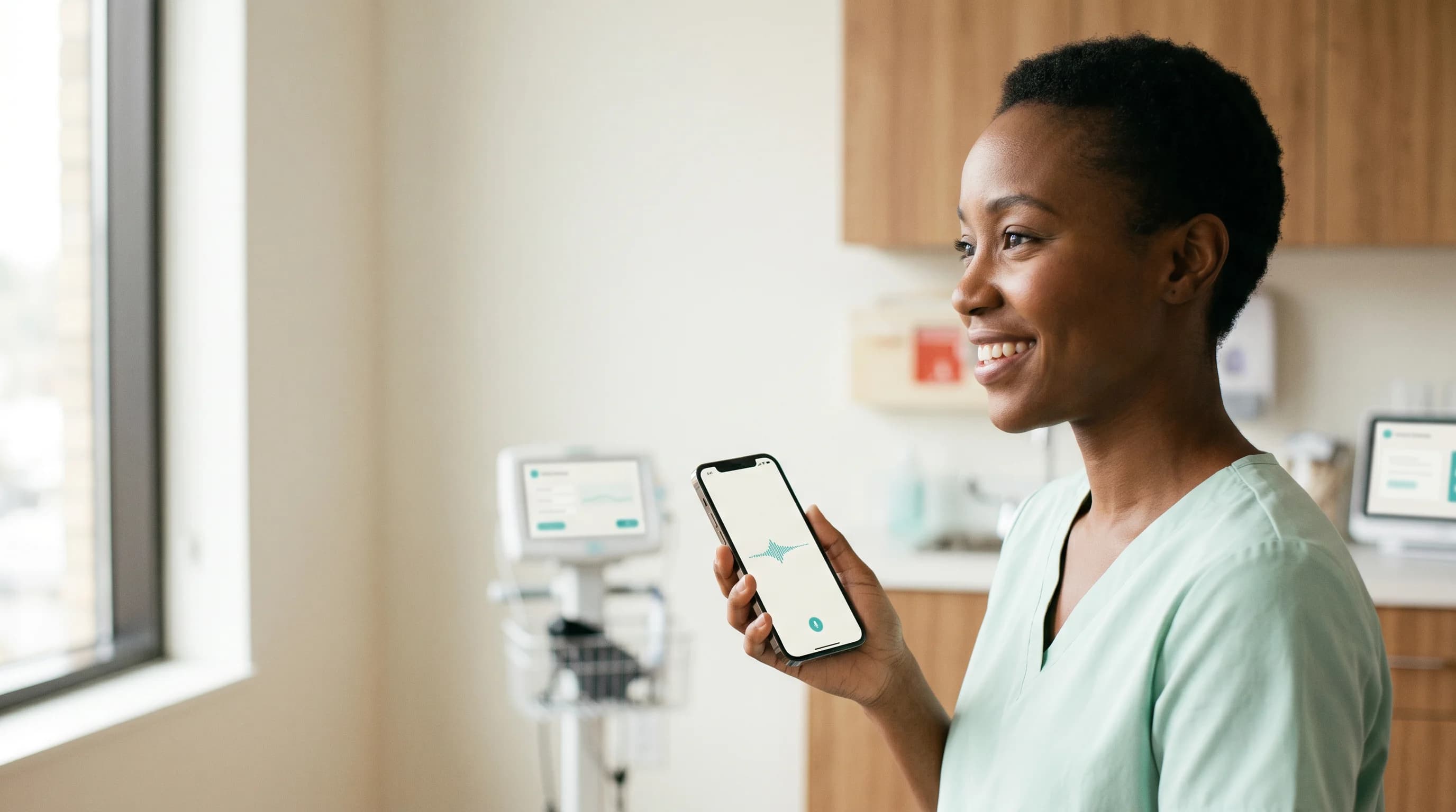 A clinician in a softly lit exam room speaking while a tablet shows a live transcript