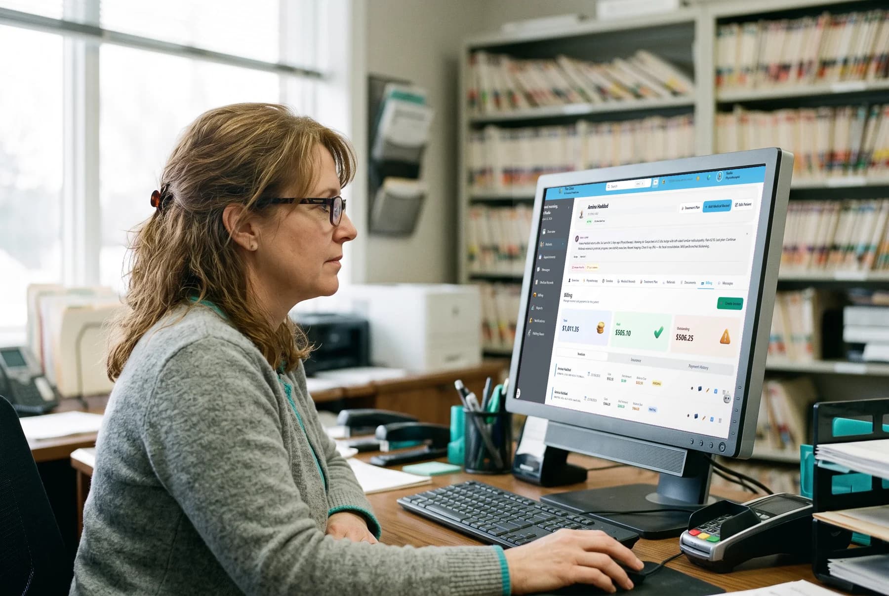 A receptionist managing billing at a winter-lit Canadian family clinic