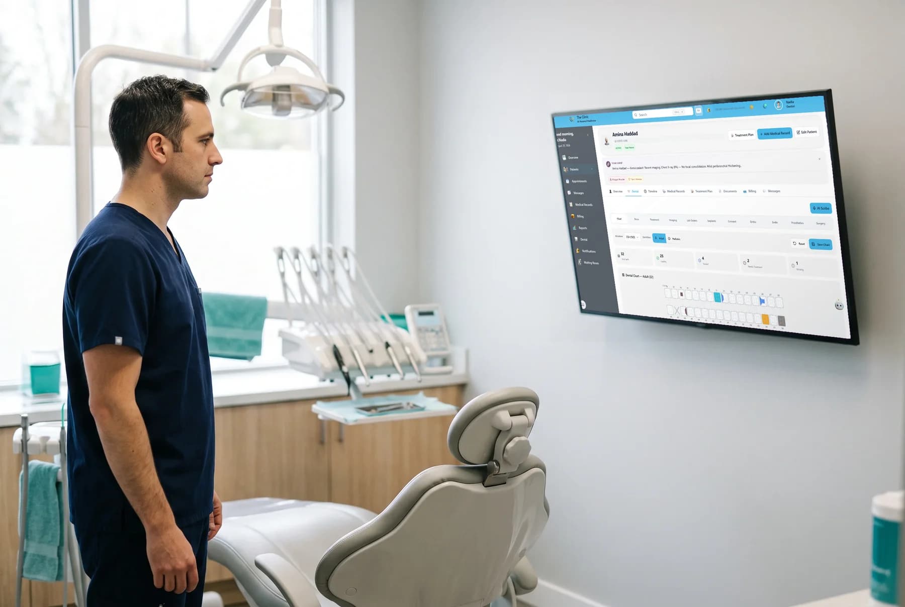 A dental hygienist reviewing digital imaging with an older patient