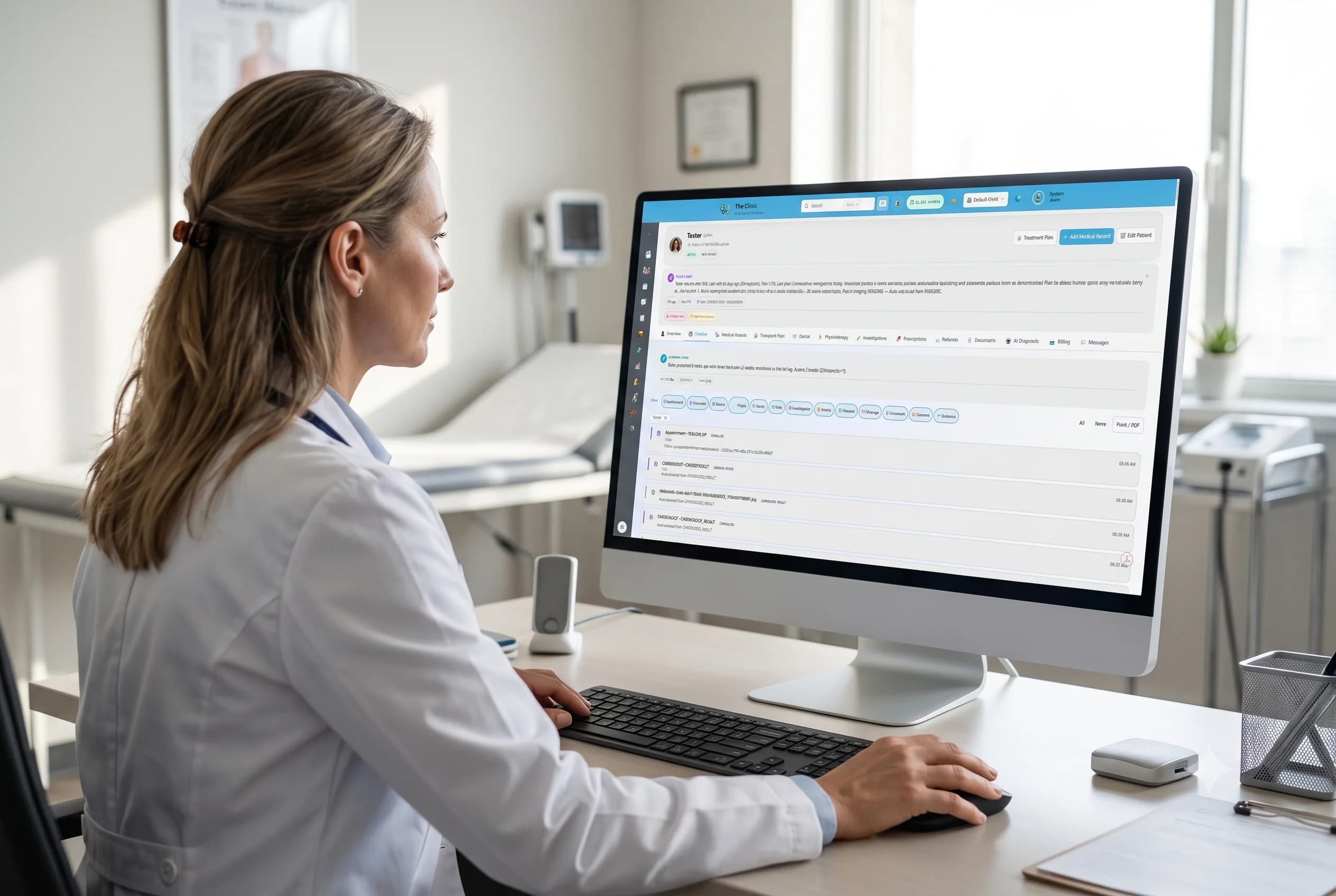 A doctor reviewing a patient timeline on a tablet in a quiet exam room