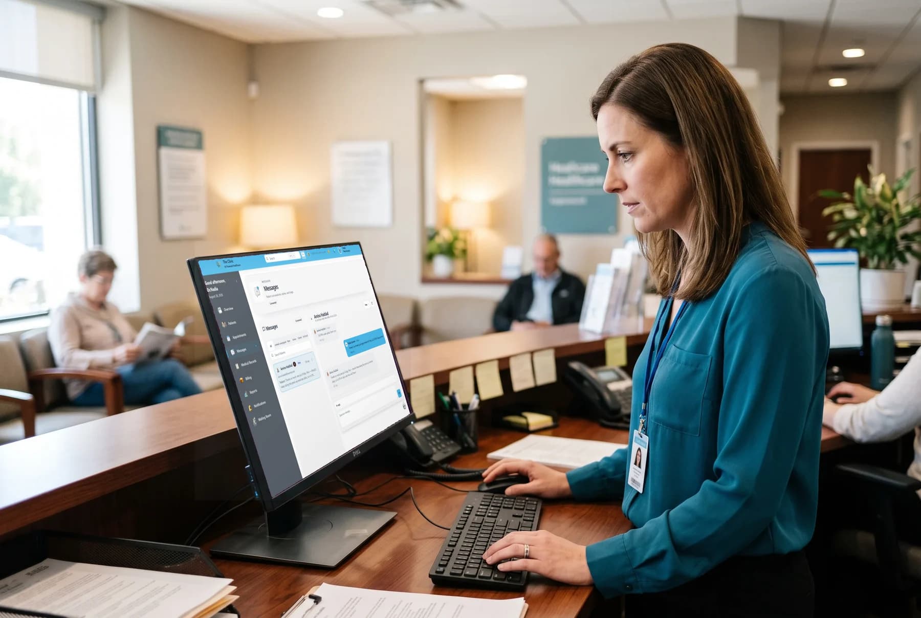 A clinic team member reviewing incoming patient notifications at the reception desk