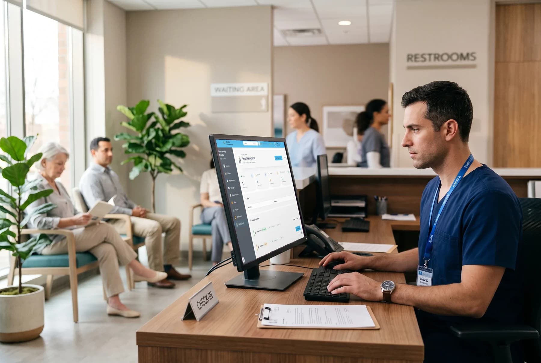 An older patient self-booking at a Toronto clinic kiosk with staff assistance