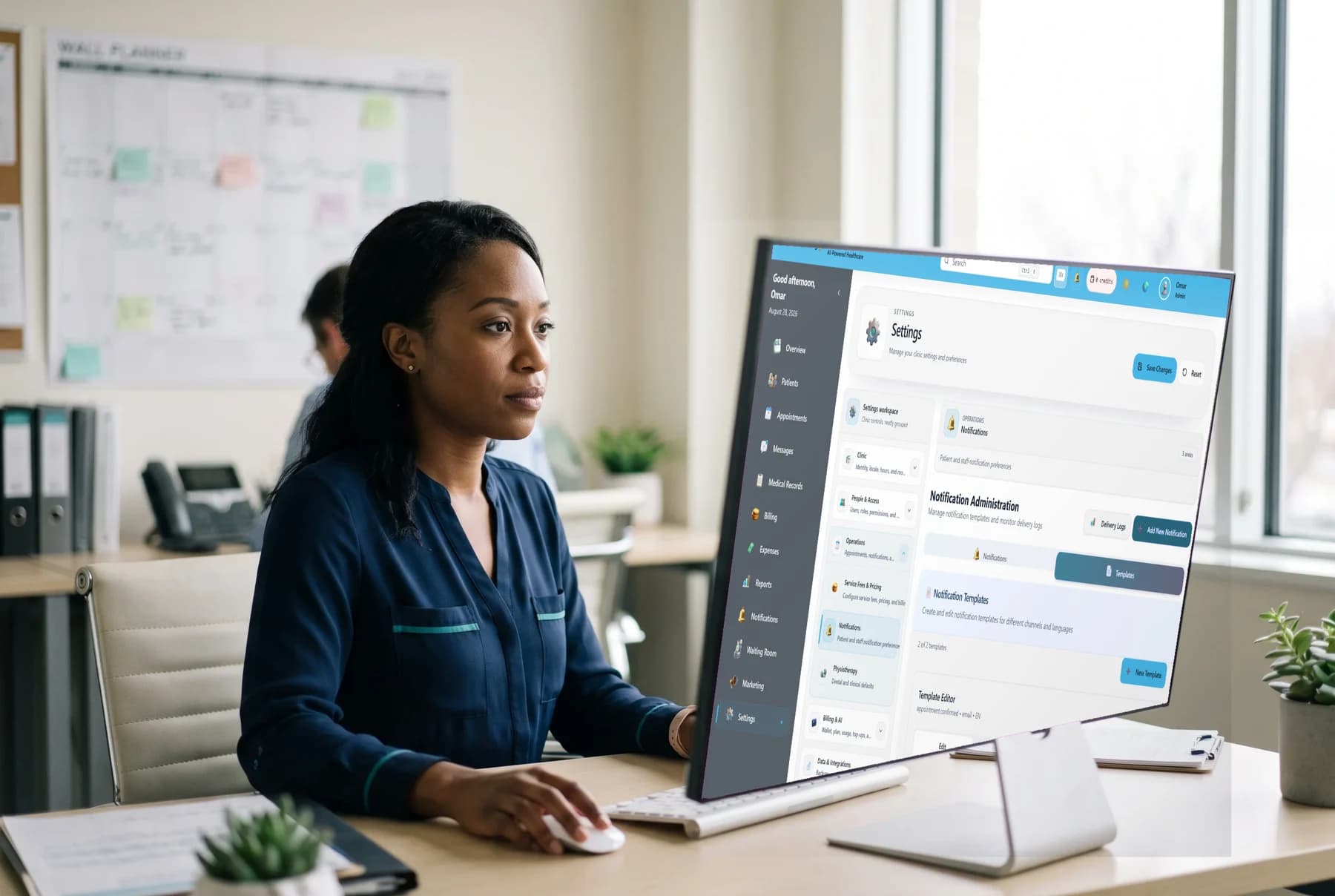 A clinic admin editing a bilingual reminder template in the notification console