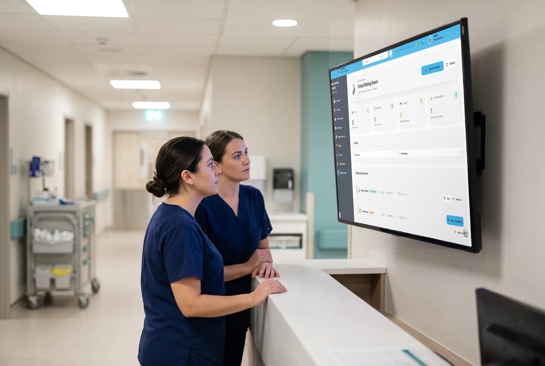 A hospital nurse station at shift change