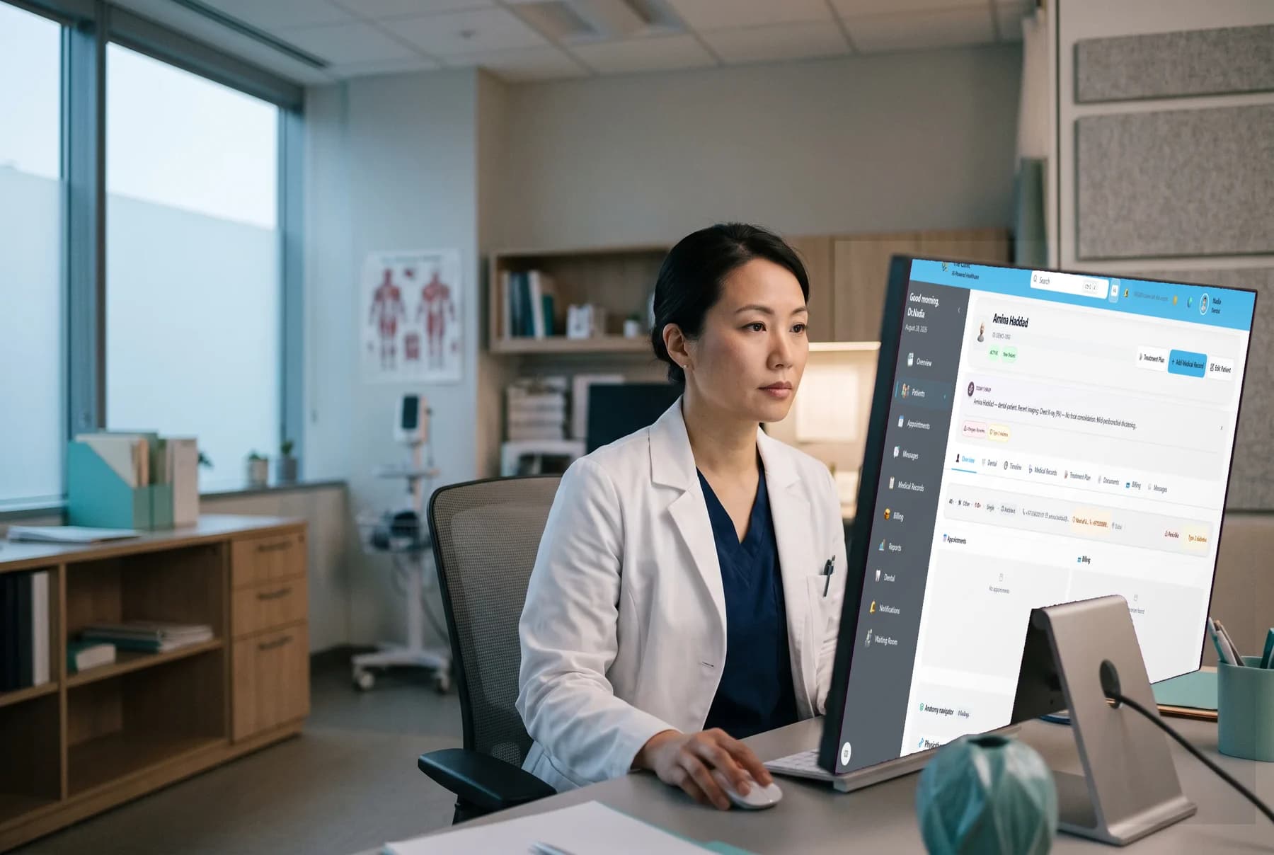 A physician reviewing an AI-generated clinical summary on a clinic workstation.