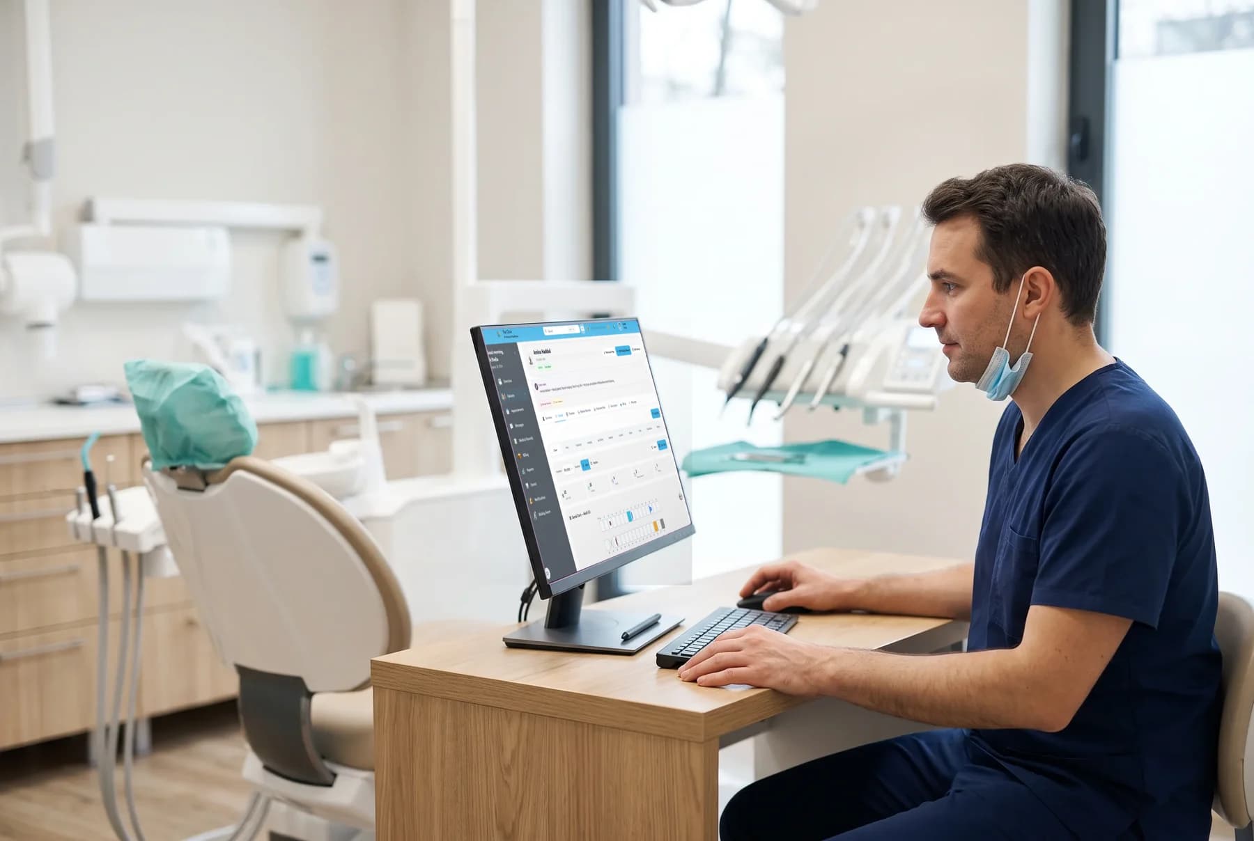 A dental hygienist reviewing digital imaging with an older patient