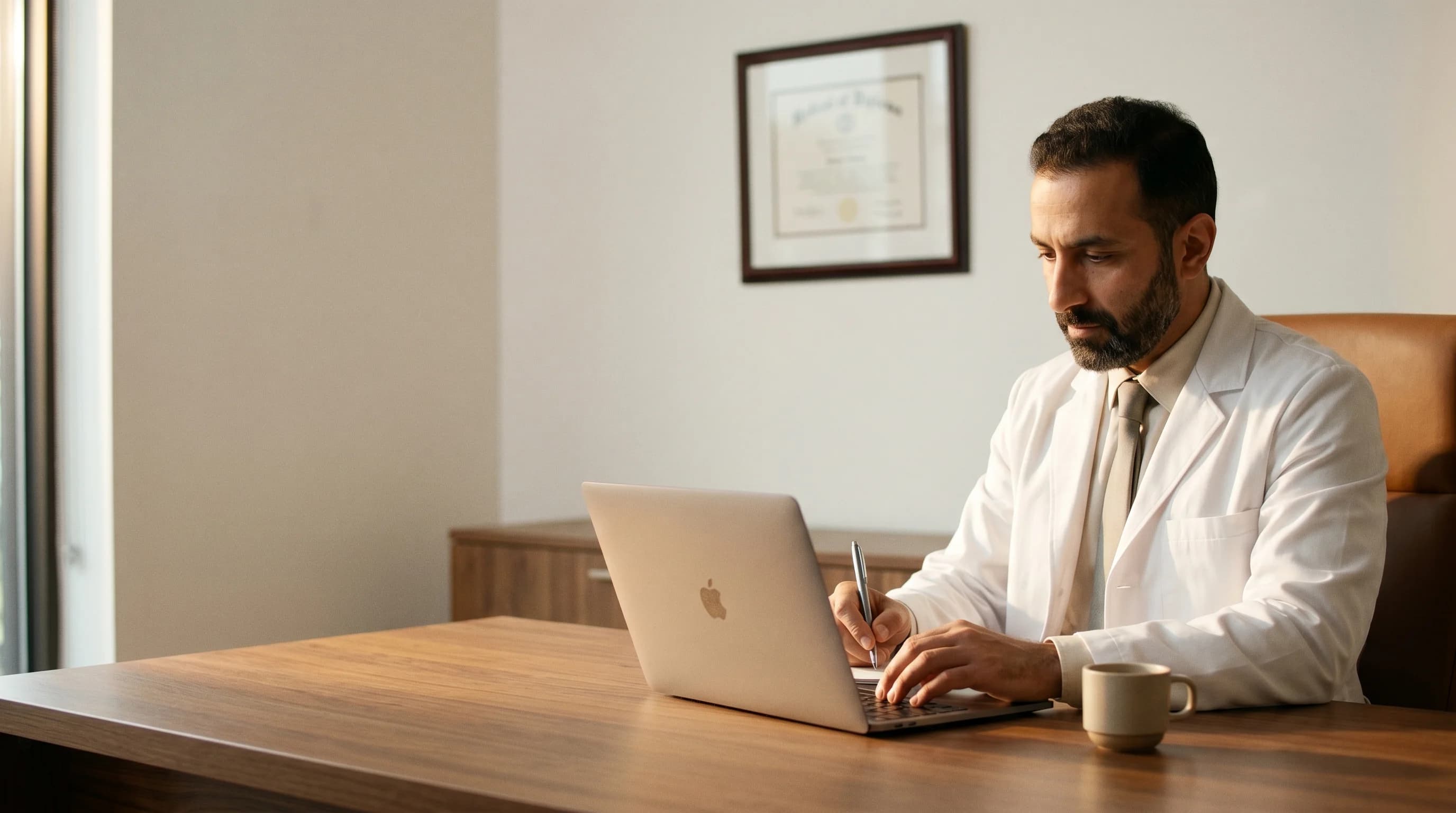 A solo physician at a quiet desk