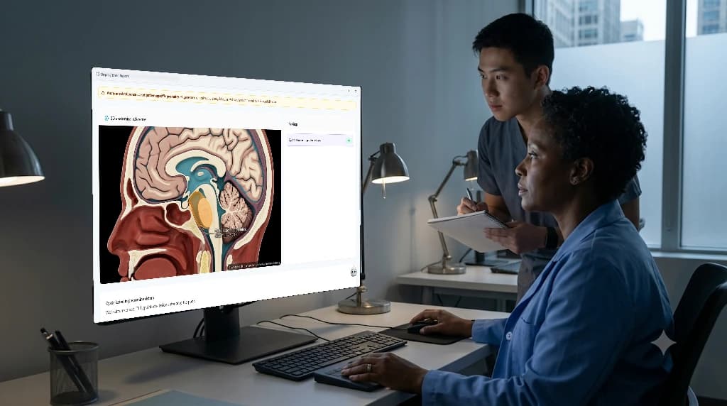 An imaging clinician and resident reviewing clinical AI on a diagnostic monitor