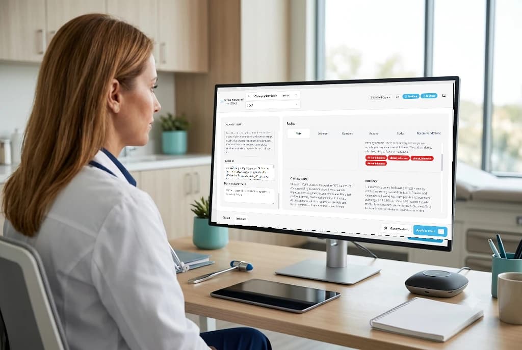 A clinician in a softly lit exam room speaking while a tablet shows a live transcript