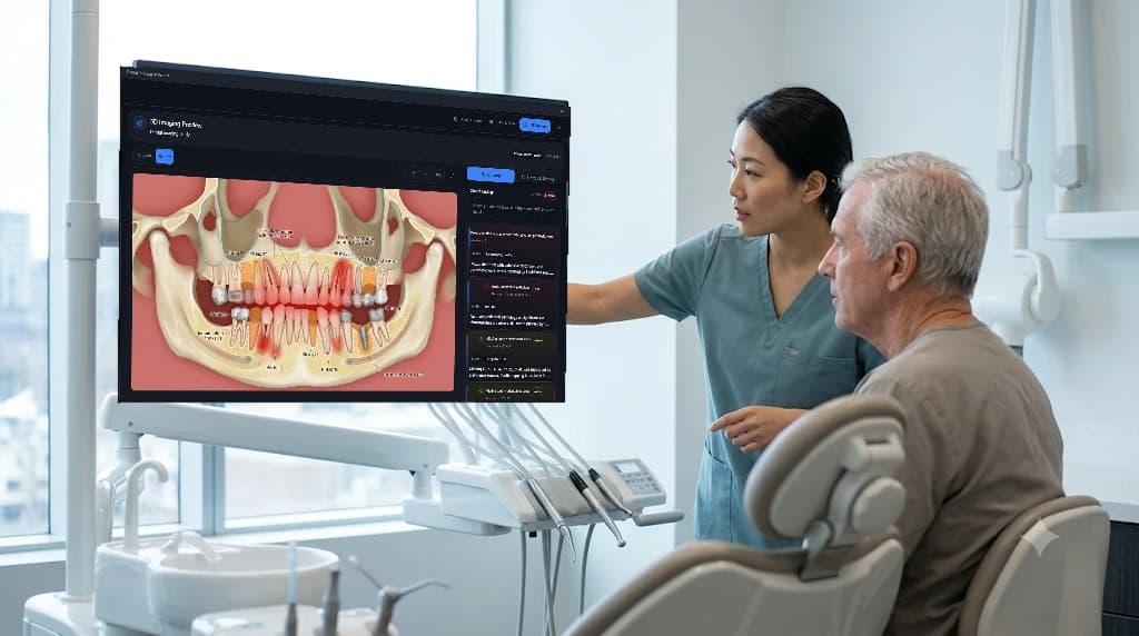 A dental hygienist reviewing digital imaging with an older patient