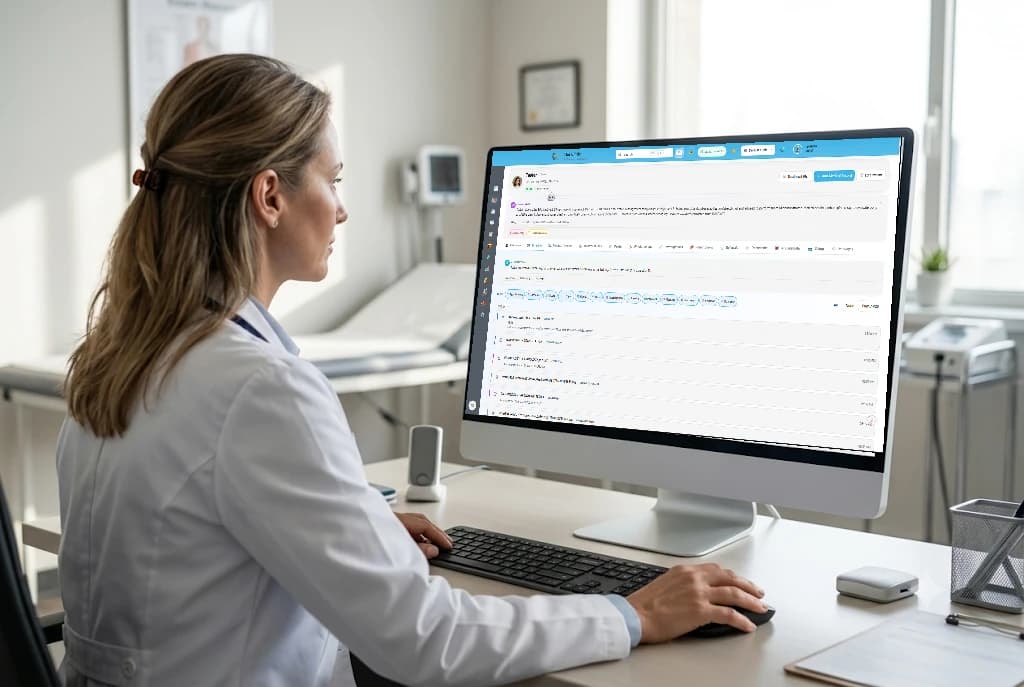 A doctor reviewing a patient timeline on a tablet in a quiet exam room