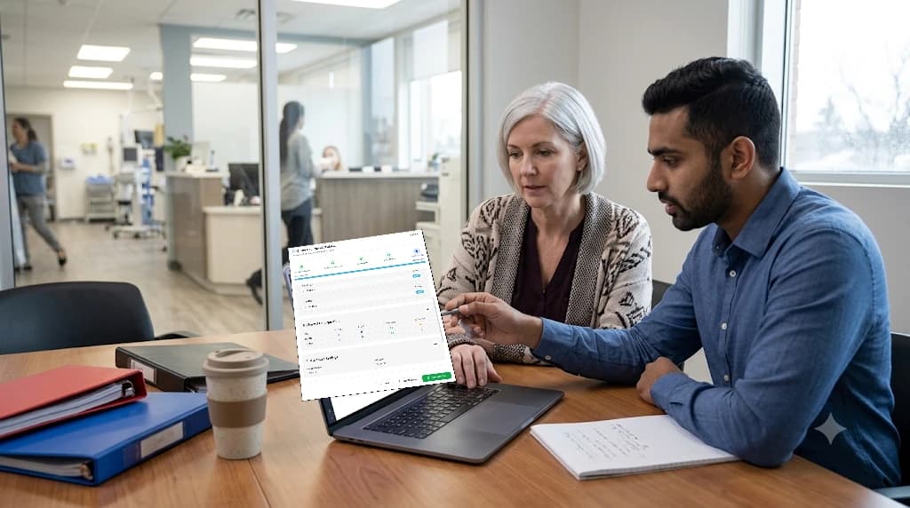 A clinic administrator and health-IT analyst configuring connected systems on a laptop