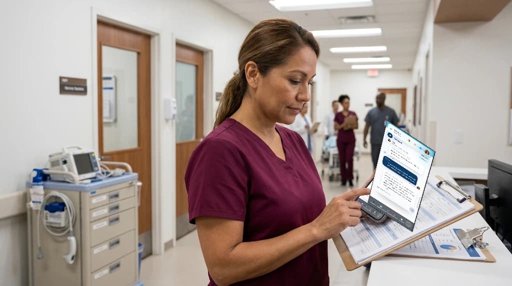A nurse responding to a patient message on a smartphone between exam rooms