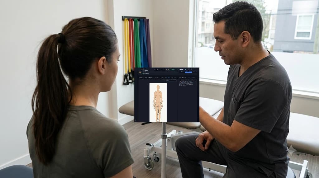 A physiotherapist explaining a digital body map to a patient on a tablet stand