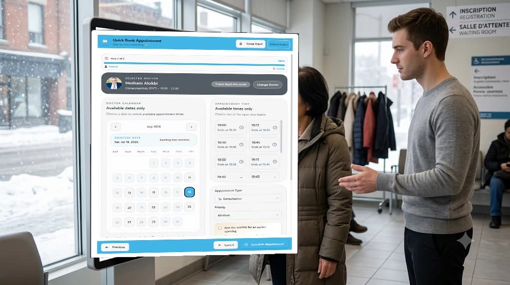 An older patient self-booking at a Toronto clinic kiosk with staff assistance