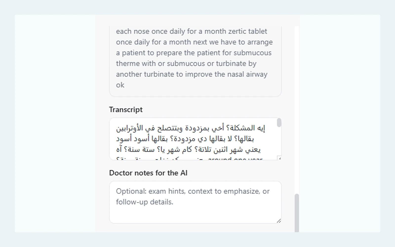 A clinician reading a bilingual patient note with Arabic and English side by side
