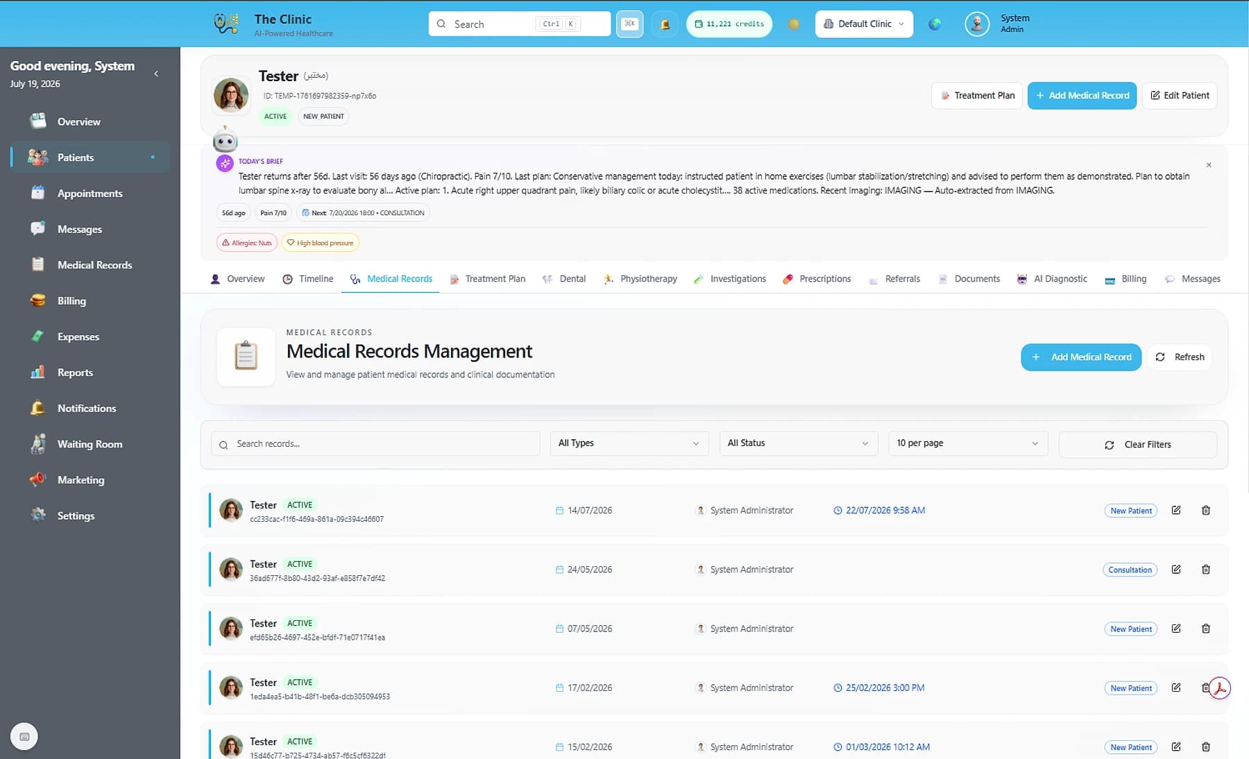 A specialty note open in the editor with structured fields