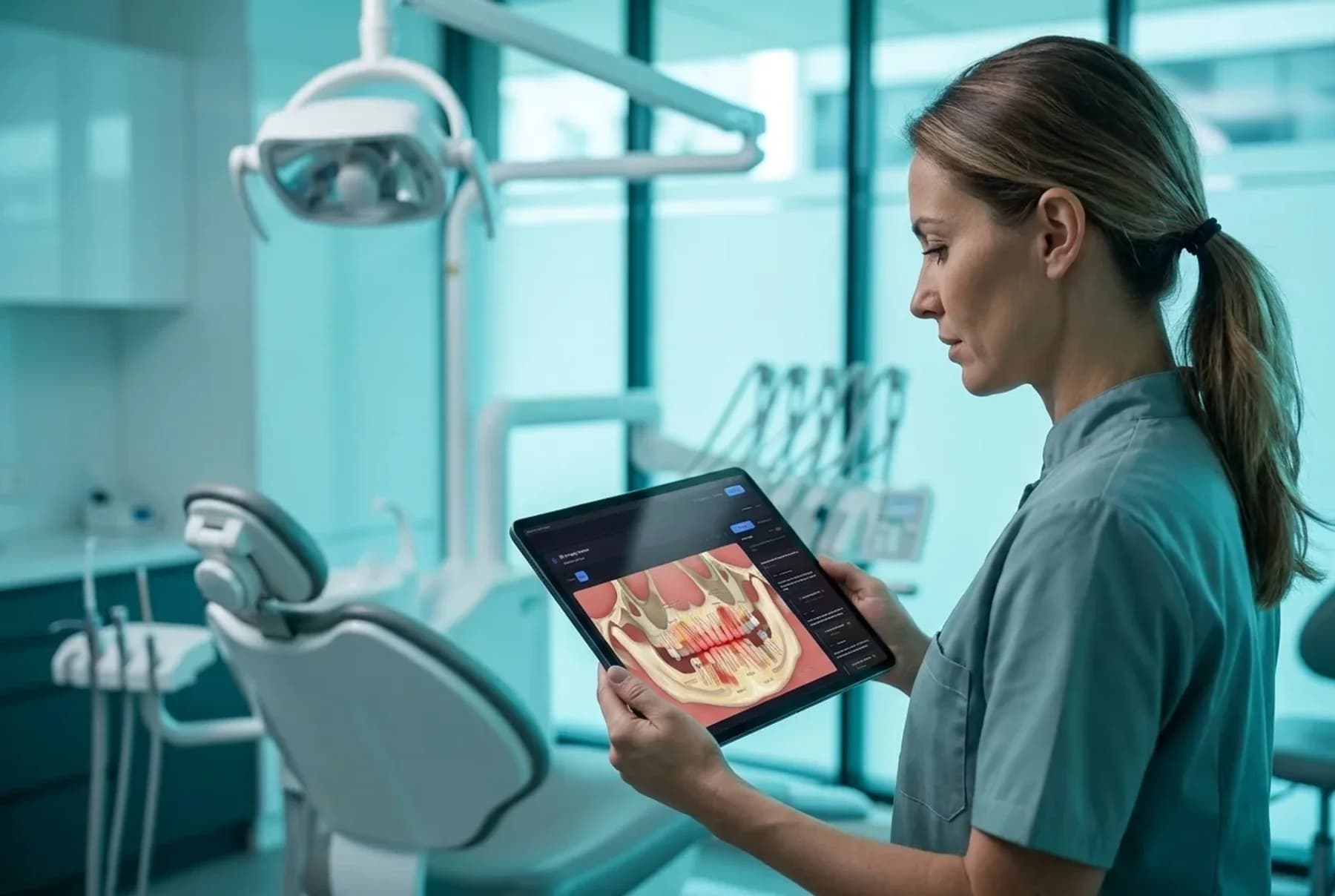 Dentist reviewing a digital chart chairside