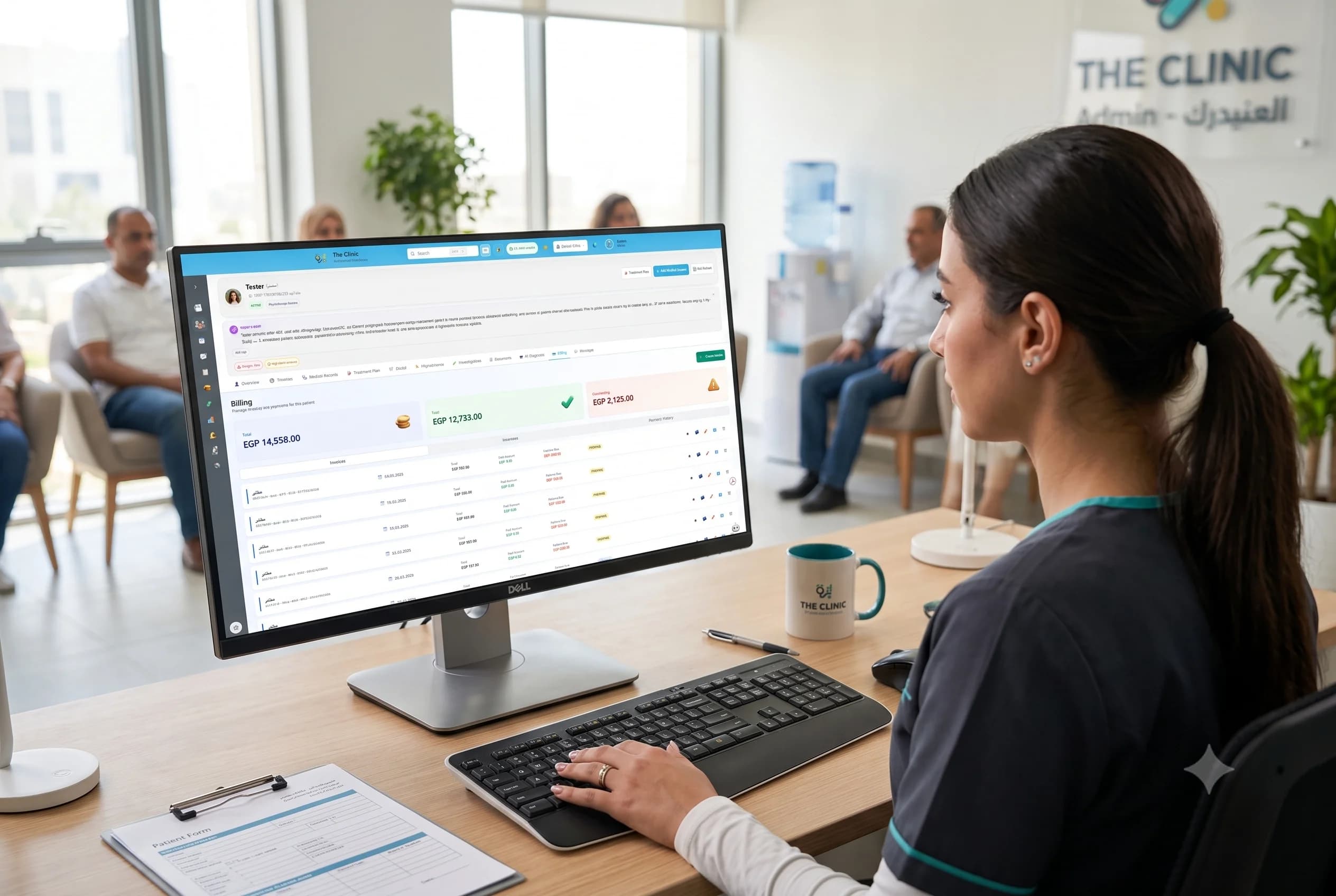 A dual-monitor desk setup showing a billing and insurance claim workflow