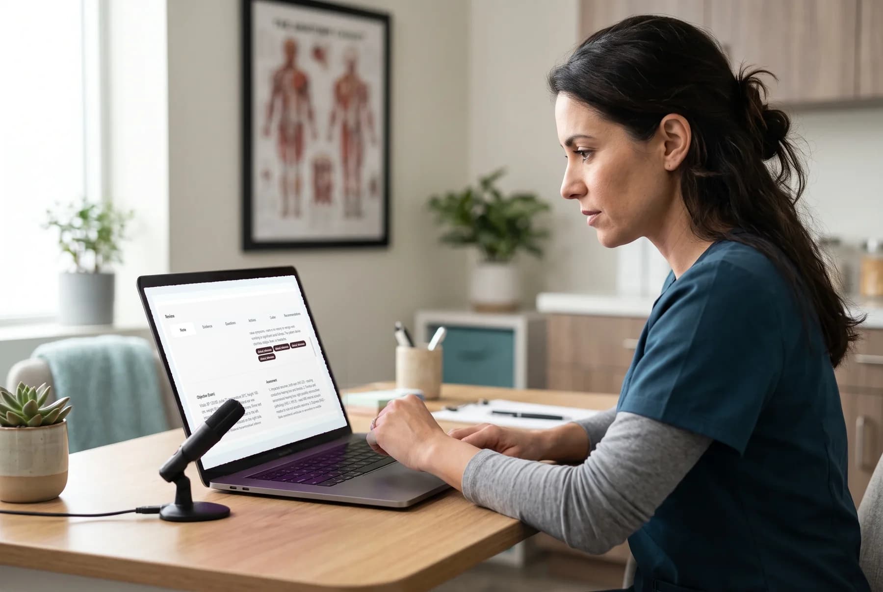 A physician speaking with a patient while The Clinic's AI Copilot drafts the encounter note in real time on a tablet
