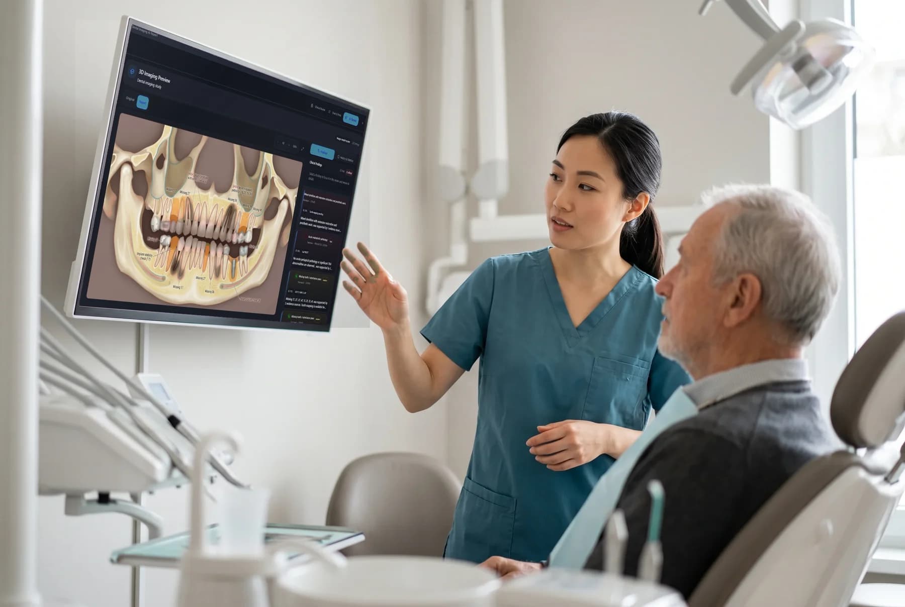 A dentist with a tablet displaying The Clinic's 3D dental diagnostic with color-coded teeth annotations next to a patient in the chair