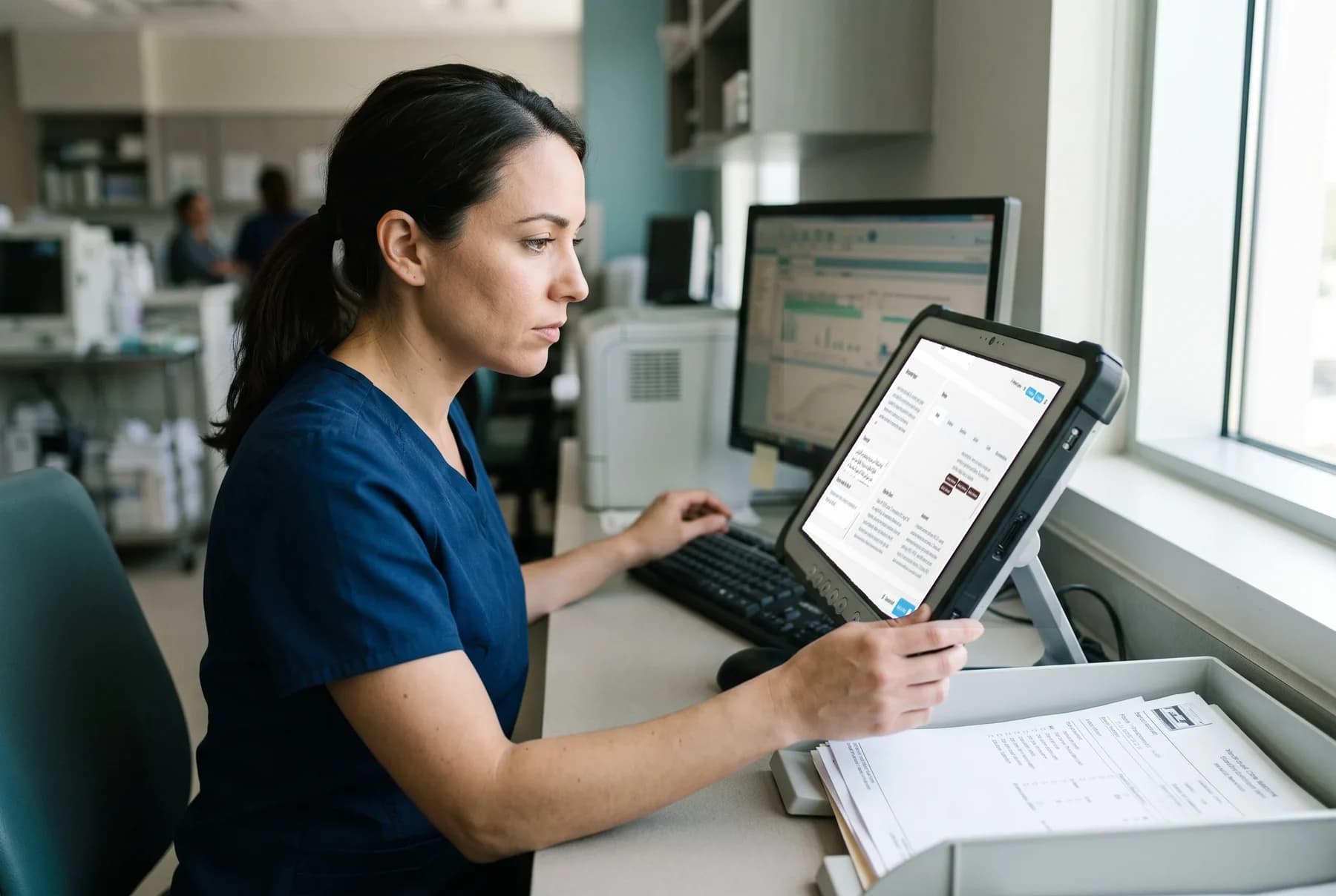 A clinical report being reviewed alongside a digital patient note