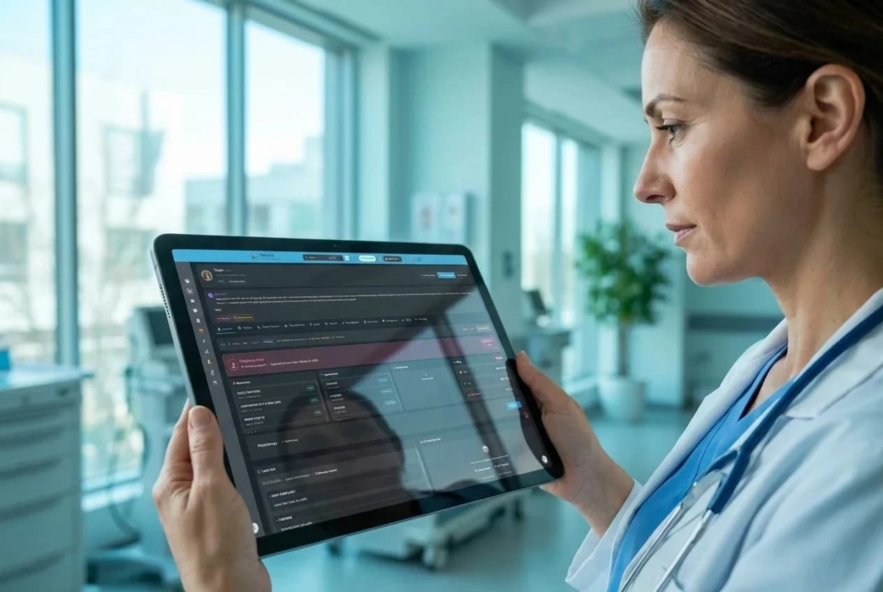 A doctor in an exam room reviewing a tablet displaying the unified patient record — pregnancy alert, medications, appointments and AI clinical summary