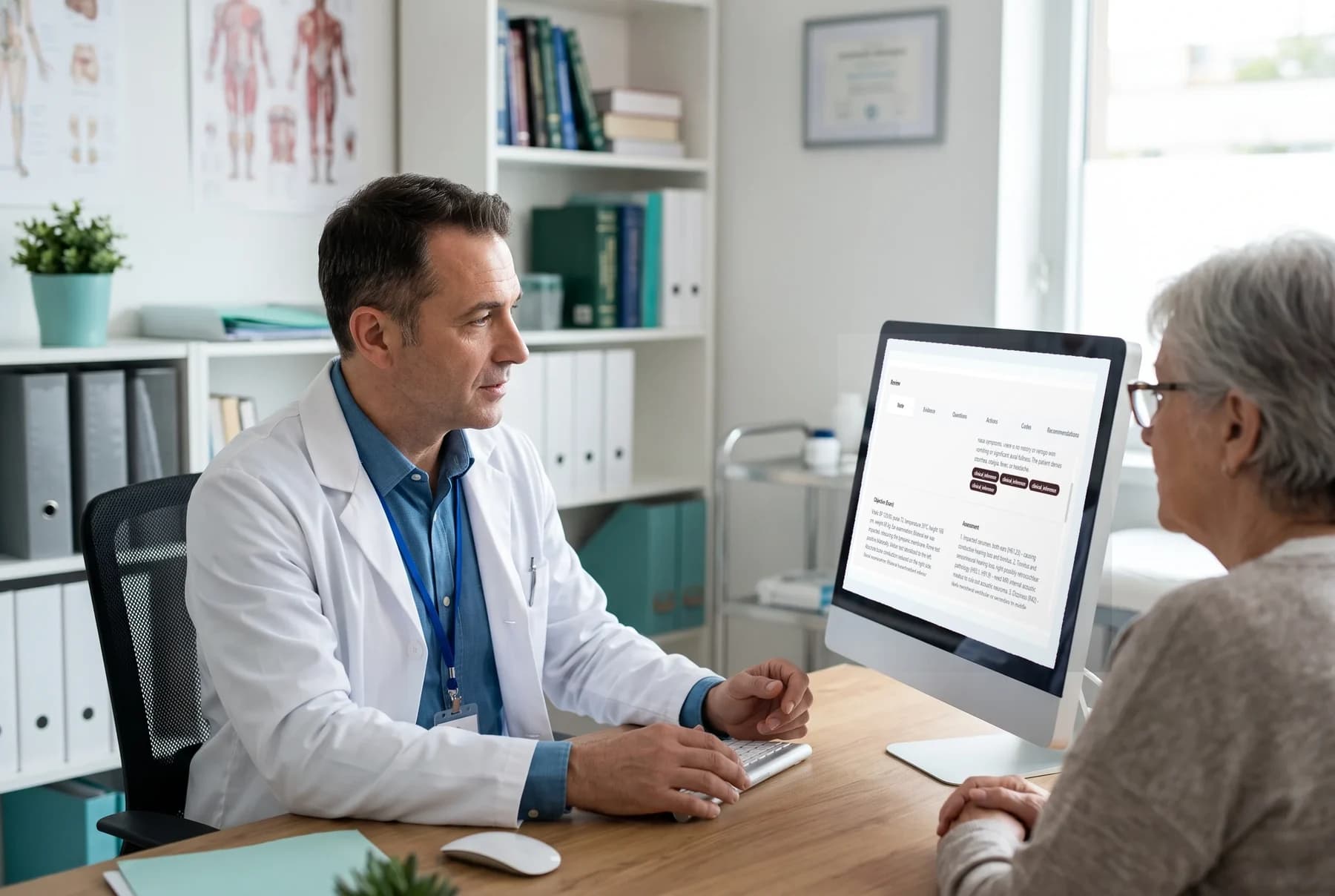 A clinician in a softly lit exam room speaking while a tablet shows a live transcript
