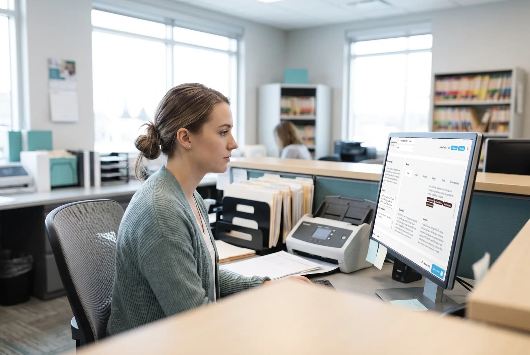 A clinician reviewing a patient document at a clinical workstation