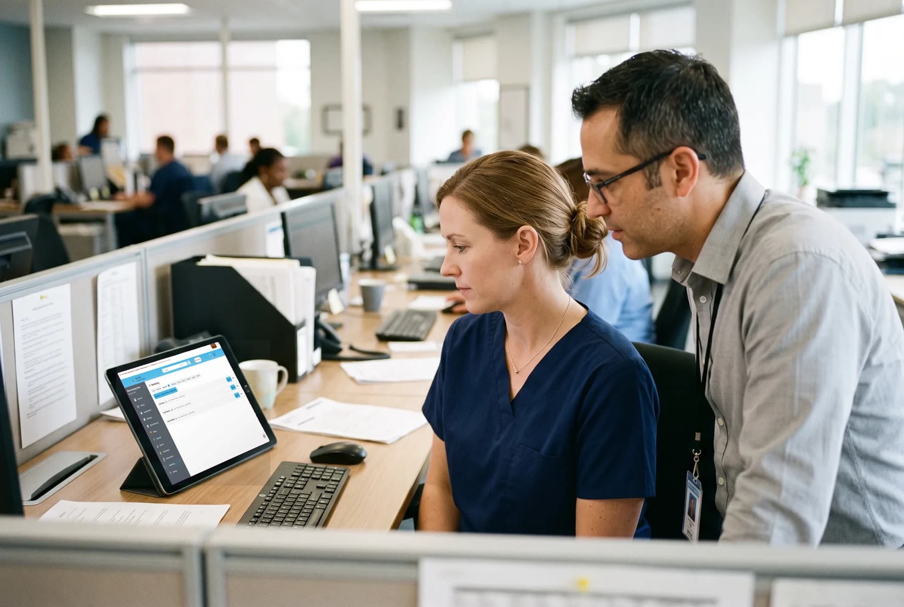 Two clinic staff reviewing the marketing dashboard together, including the holdout note.