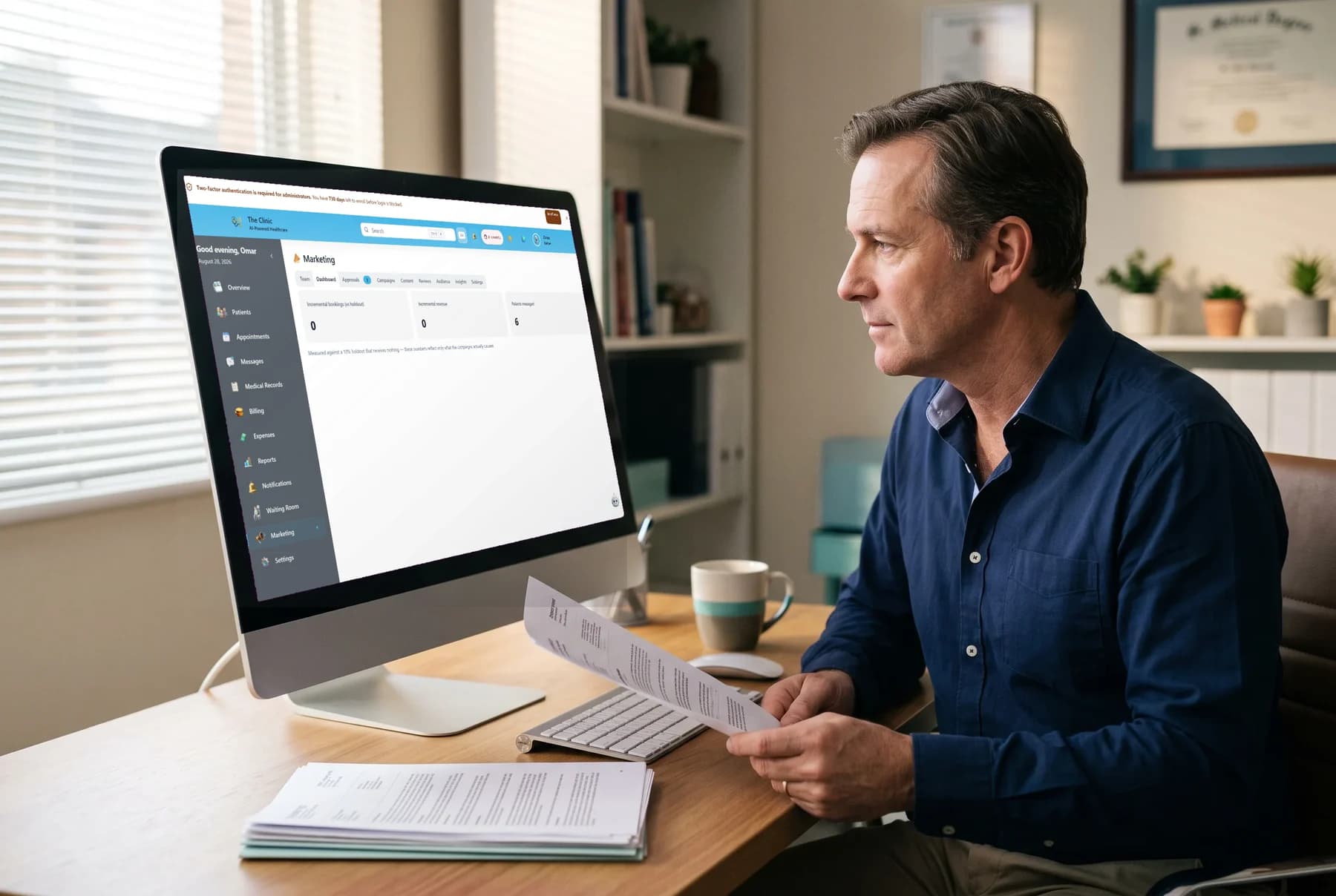 A clinic owner reviewing her AI marketing team's workspace on a desktop monitor.