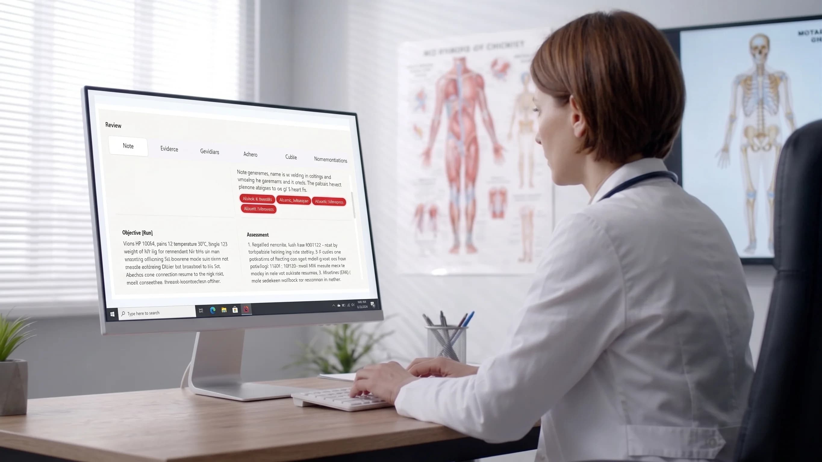 A clinician working with a clinical document beside a laptop