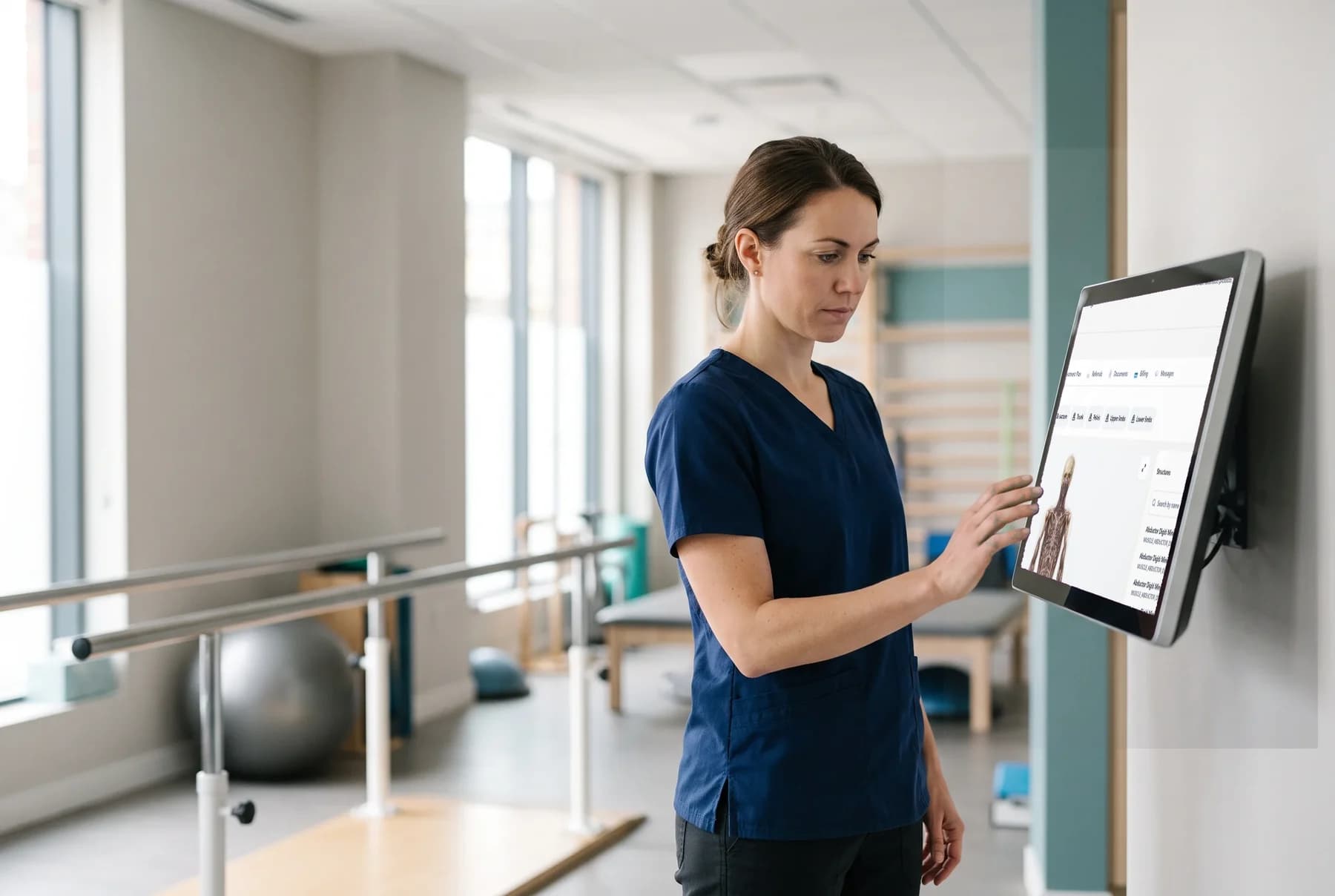 A physiotherapist explaining a digital body map to a patient on a tablet stand