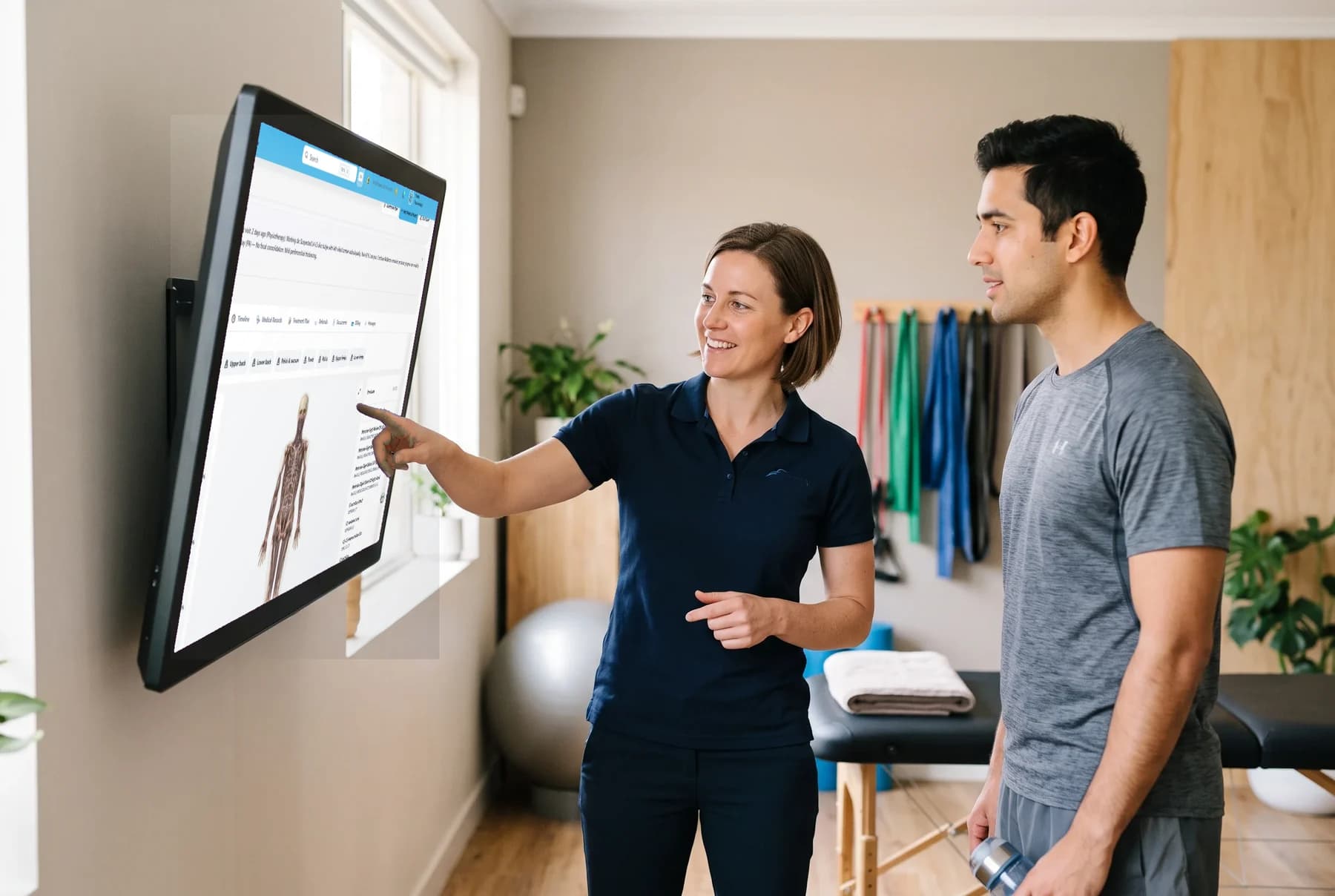 A physiotherapist guiding a patient through a mobility exercise while The Clinic displays a phased treatment plan and range-of-motion tracking on a tablet
