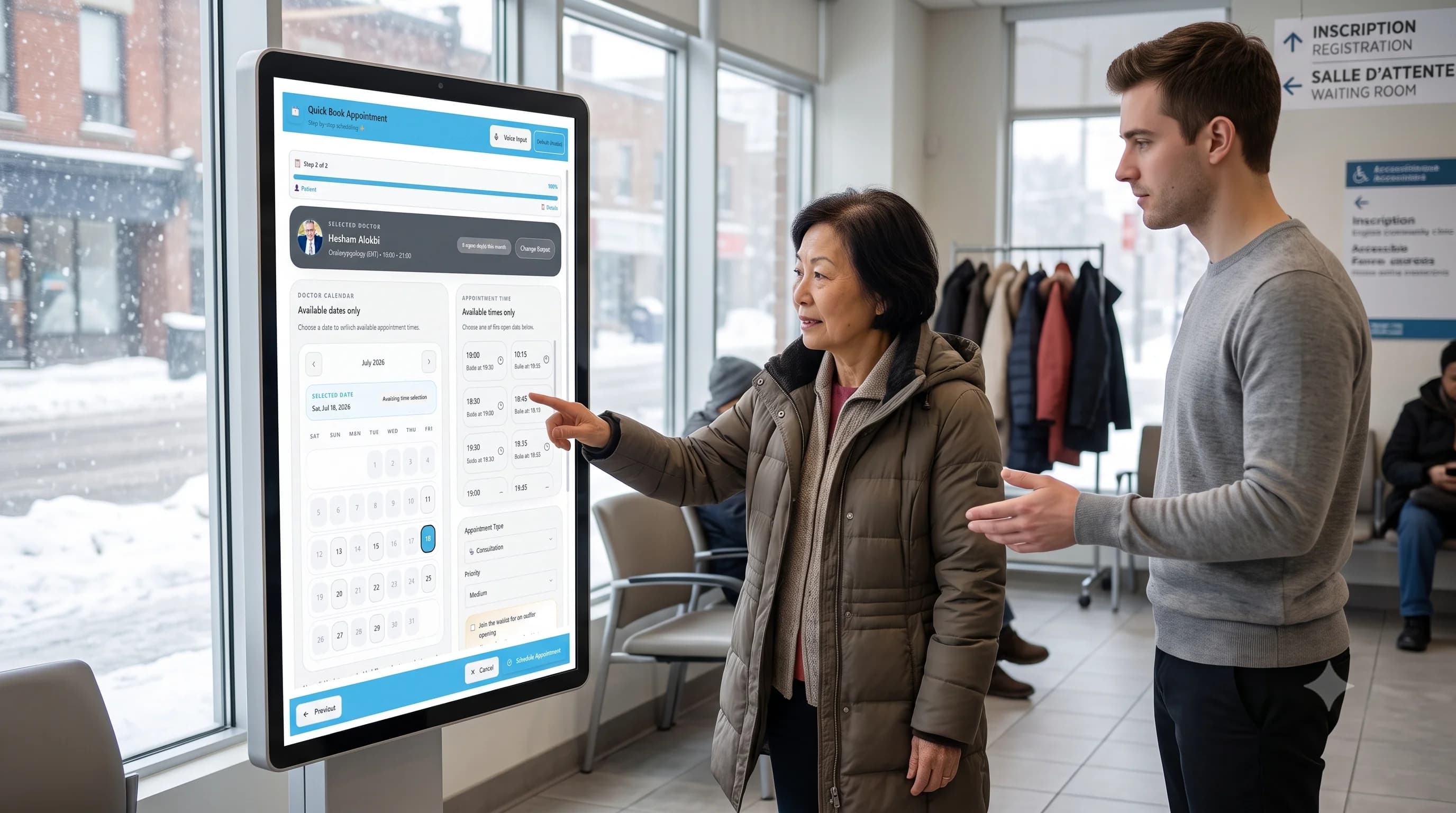 A receptionist at a clinic front desk with The Clinic's dark dashboard on the monitor — waiting room, daily goals and patient distribution